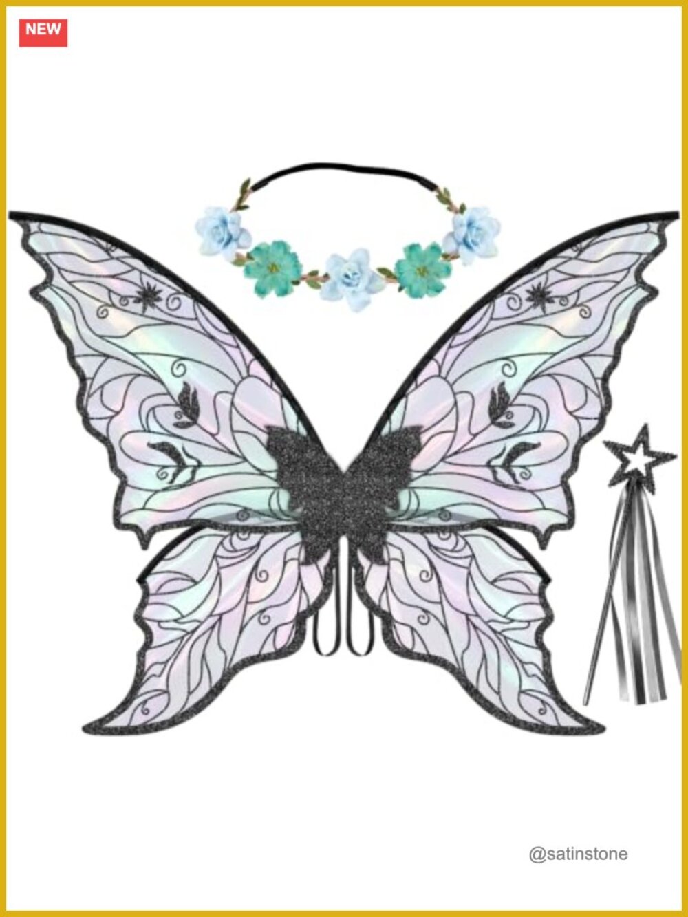Fairy Costume Set: Wings, Wand, Floral Crown - Organza Sequin Iridescent Adult